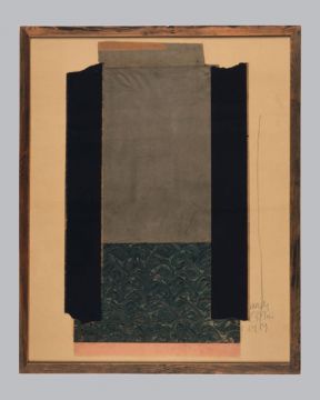 Extrait de série : papiers marouflé sur papier, bois, verre. 83 x 103 cm. 1989