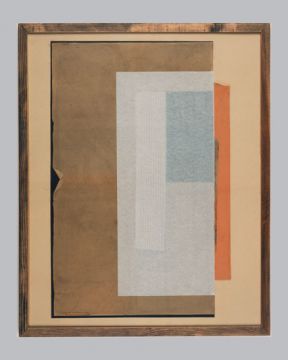 Extrait de série : papiers marouflé sur papier, bois, verre. 83 x 103 cm. 1989
